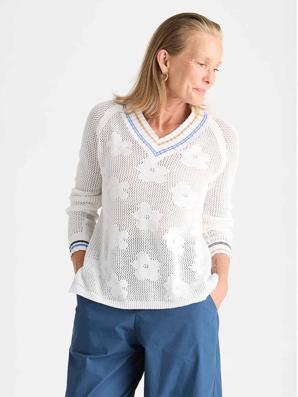 Floral Pointelle Vee Sweater - WHITE