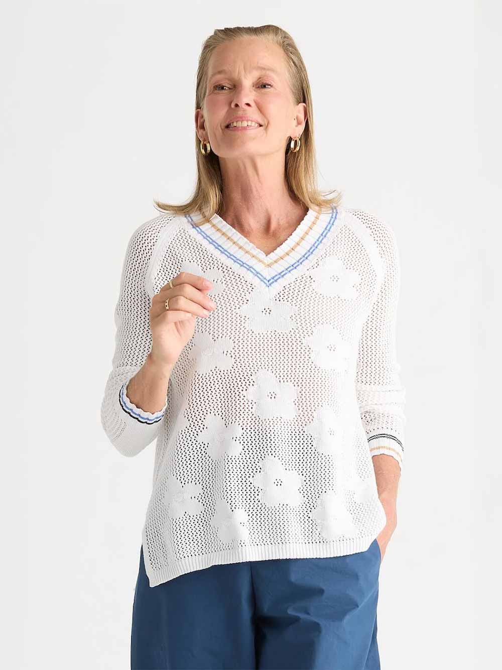 Floral Pointelle Vee Sweater - WHITE