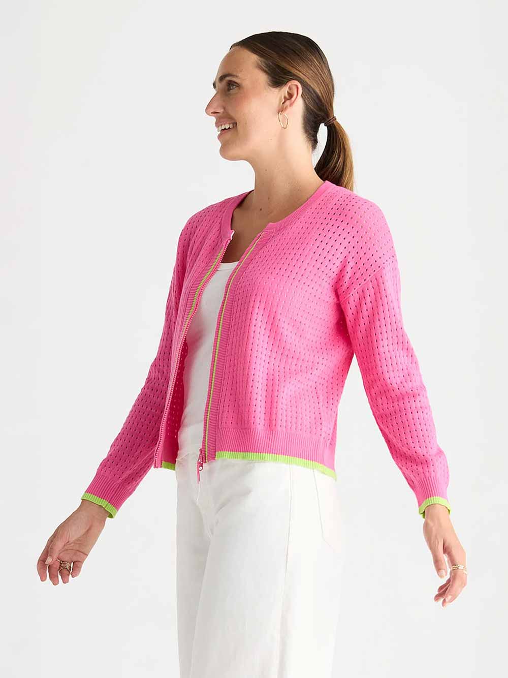 Pointelle Zip Cardigan - POP PINK