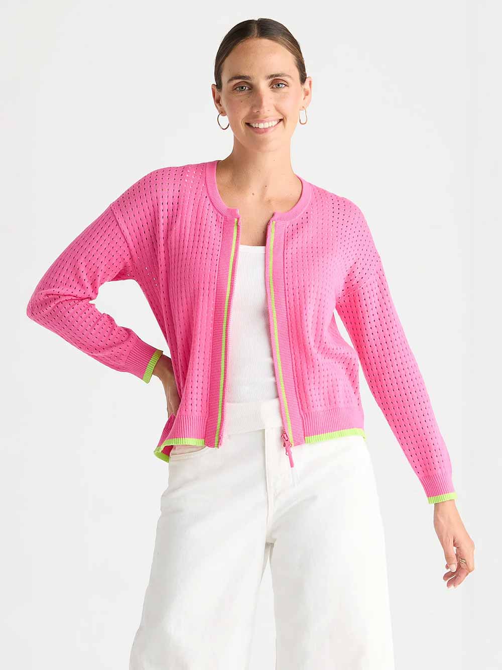 Pointelle Zip Cardigan - POP PINK