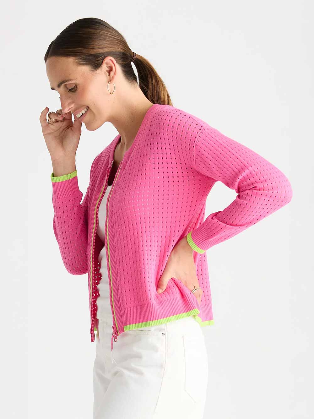 Pointelle Zip Cardigan - POP PINK