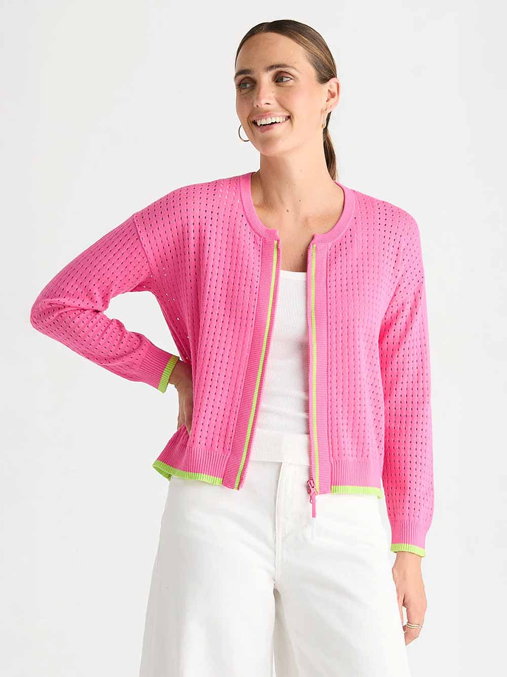 Pointelle Zip Cardigan - POP PINK