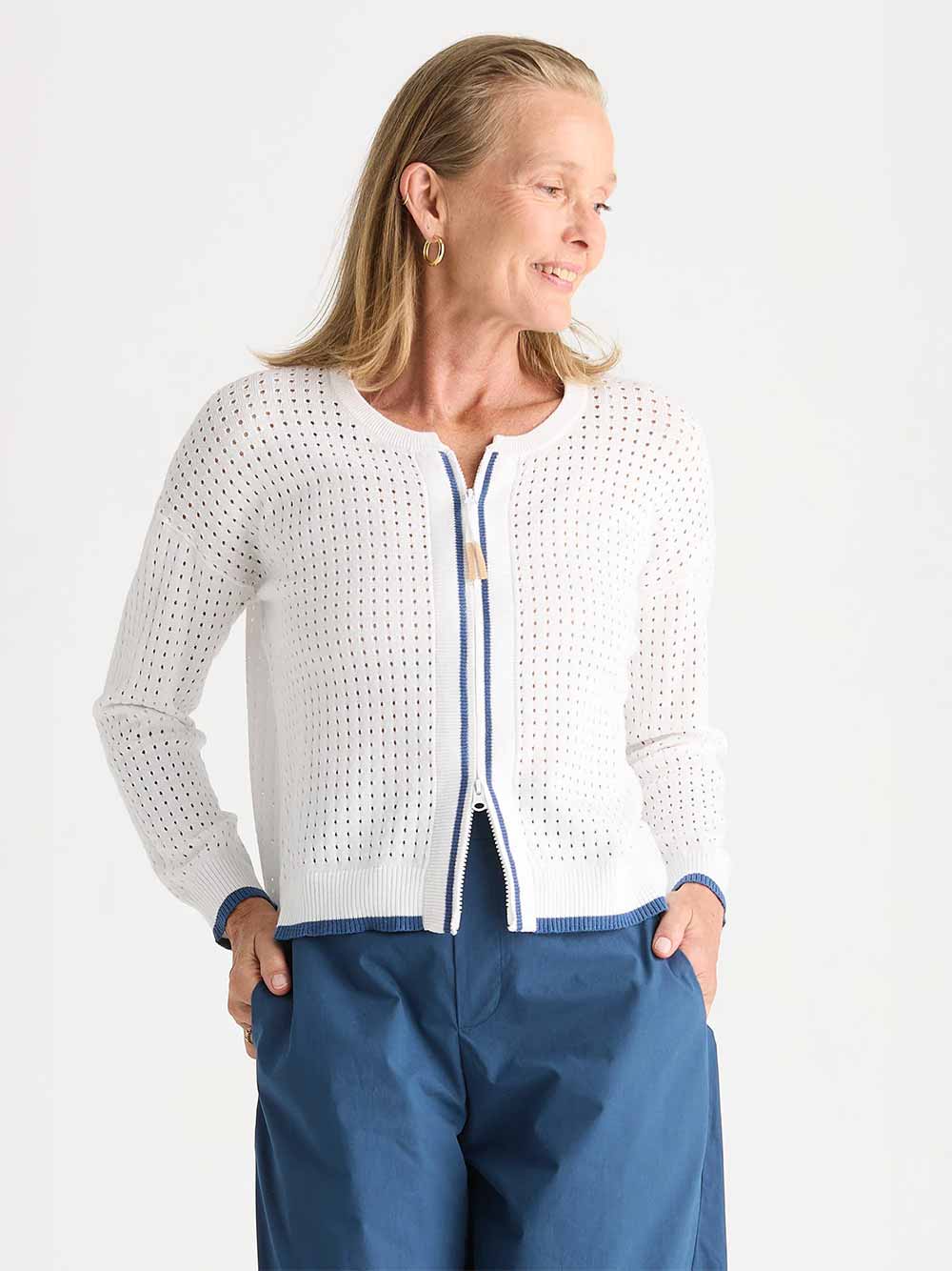 Pointelle Zip Cardigan - WHITE