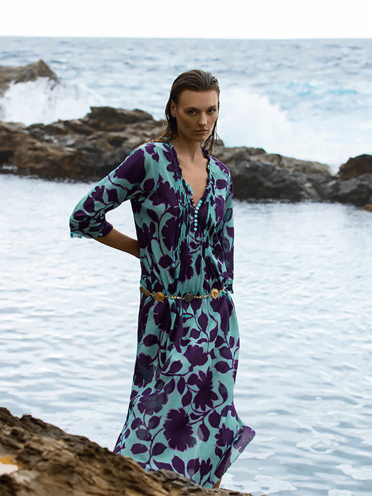 Long Poppy Cotton Dress - PORTO VECCHIO TURQUOISE