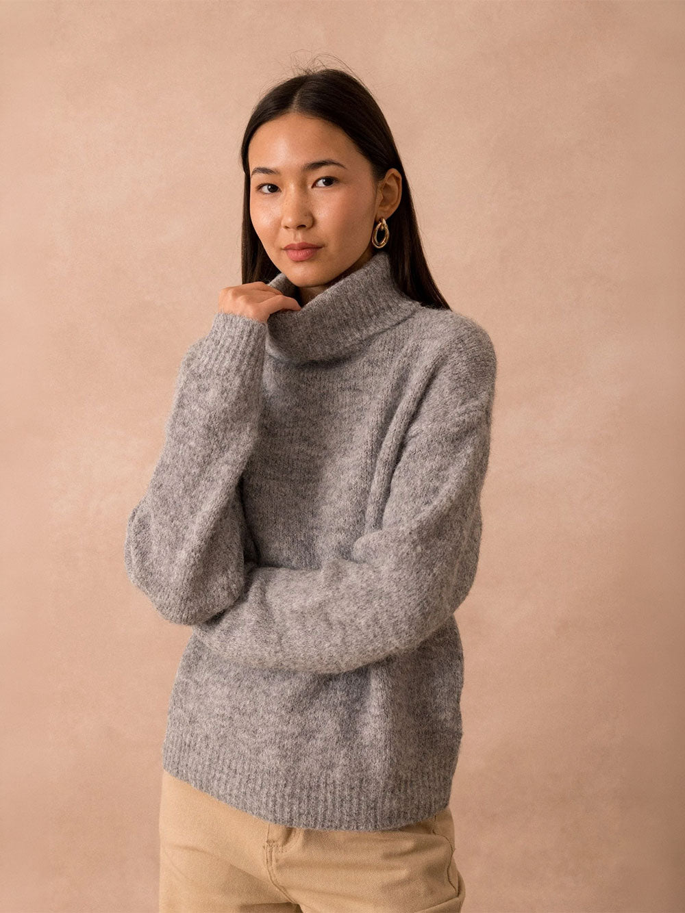 Suzie Roll Neck Knit Sweater - GRIS
