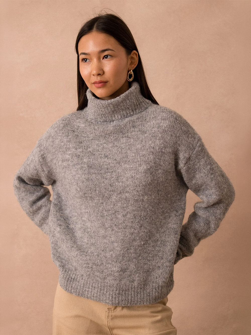 Suzie Roll Neck Knit Sweater - GRIS
