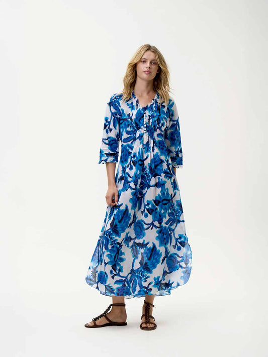 Long Poppy Turquoise Bay Print Cotton Dress