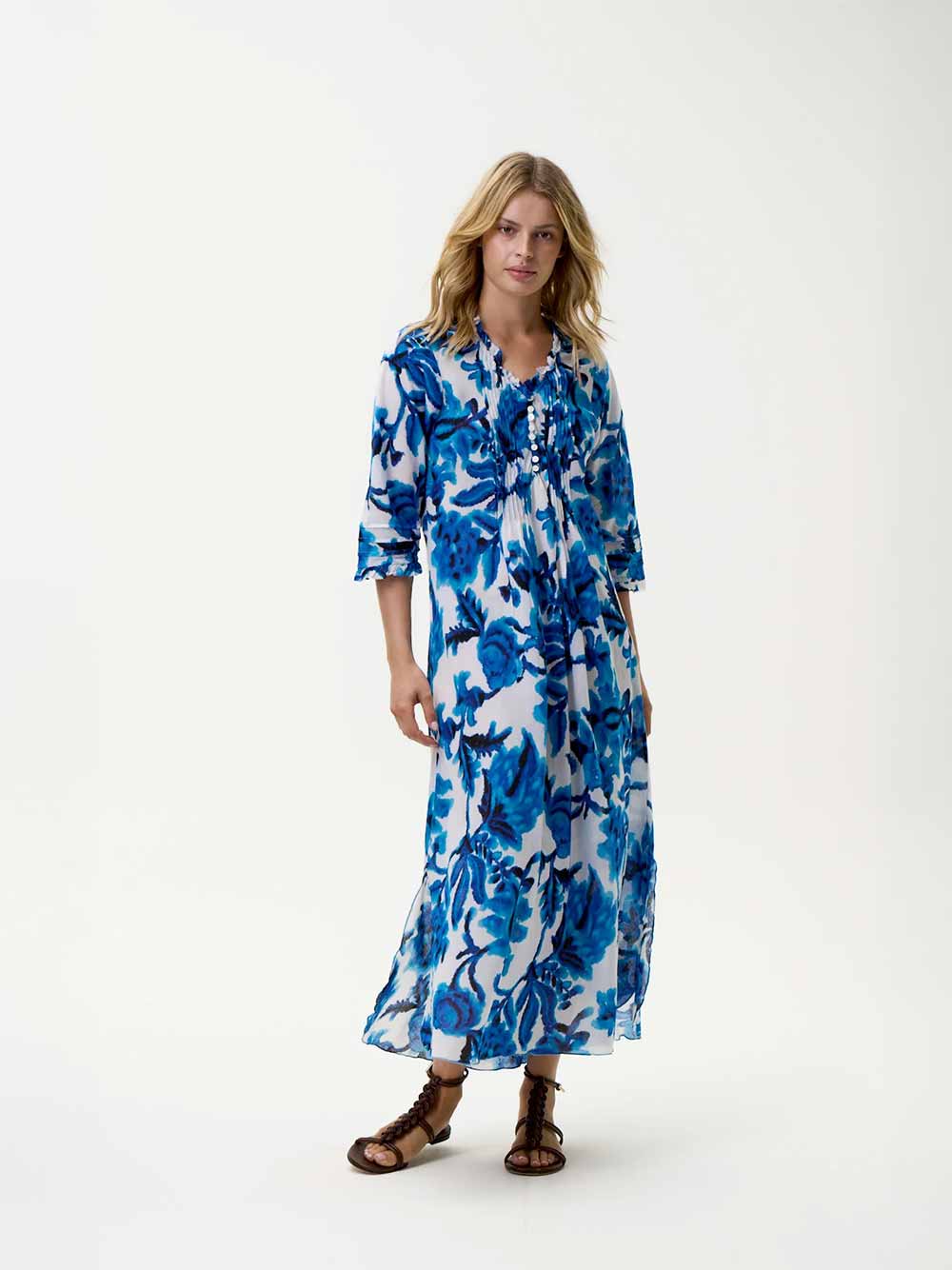 Long Poppy Turquoise Bay Print Cotton Dress
