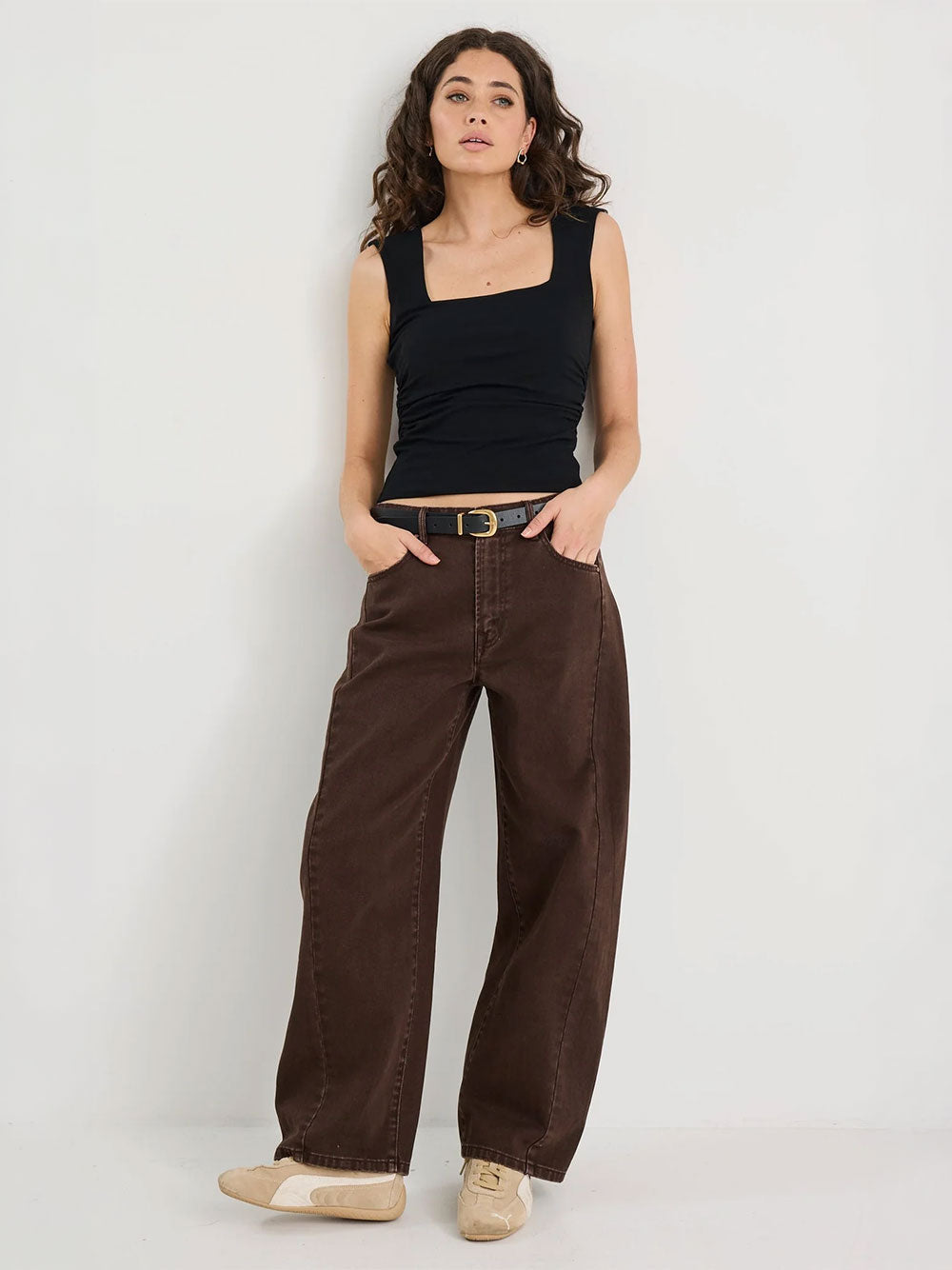 Varsity Barrel Leg Jeans - CHOCOLATE