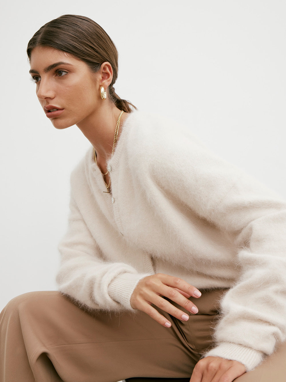 Frankie Cashmere Crew Neck Cardigan - OATMEAL