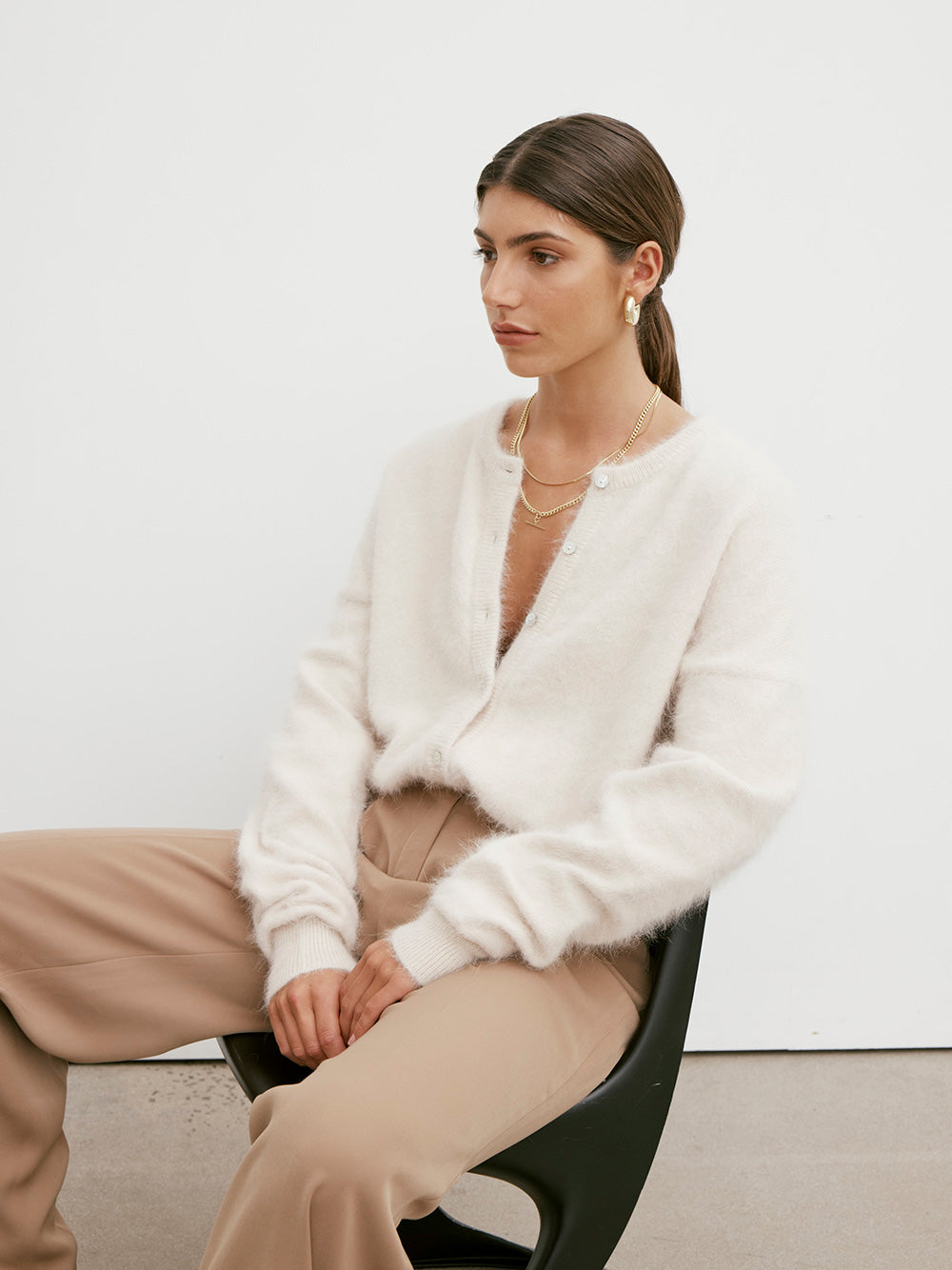 Frankie Cashmere Crew Neck Cardigan - OATMEAL