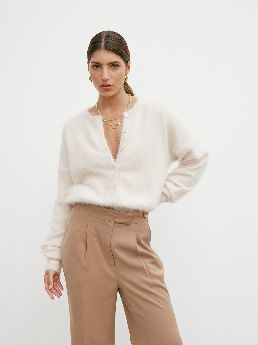 Frankie Cashmere Crew Neck Cardigan - OATMEAL