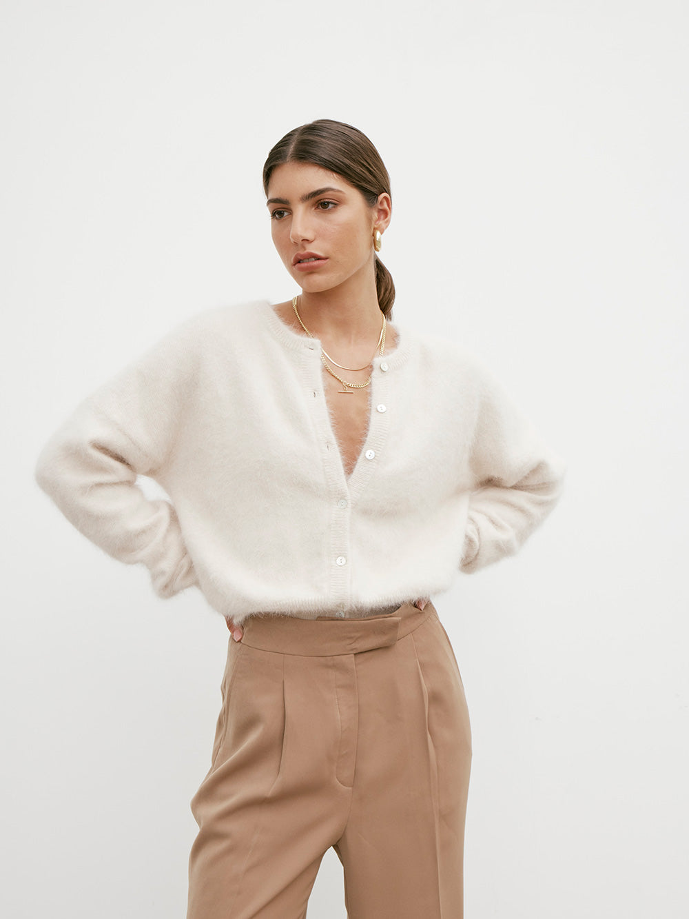 Frankie Cashmere Crew Neck Cardigan - OATMEAL