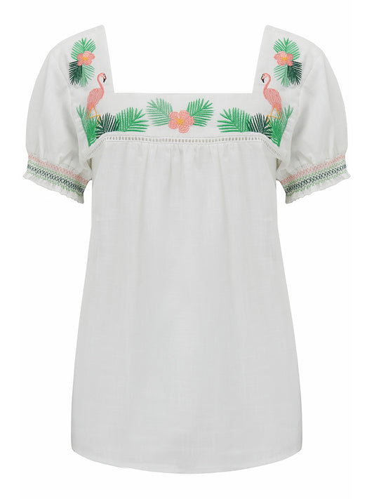 Alva Embroidered Top - WHITE FLAMINGO