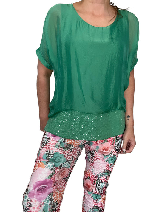 Sequin Layered Hi Lo Silk Top - GREEN