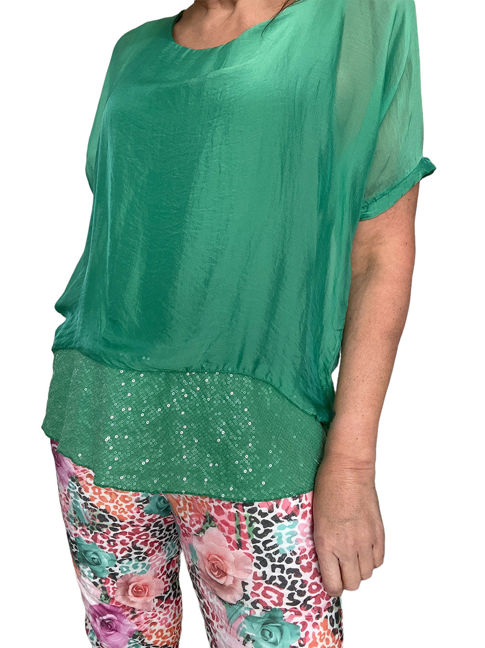 Sequin Layered Hi Lo Silk Top - GREEN